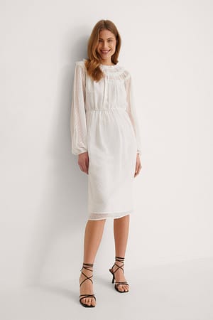 White Long Sleeve Frill Dobby Dress
