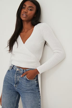 Ribbed Knitted Overlap Sweater White | NA-KD