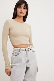 Round Neck Ribbed Long Sleeve Crop Top Beige | NA-KD