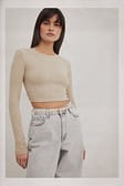 Light Beige Round Neck Ribbed Long Sleeve Crop Top