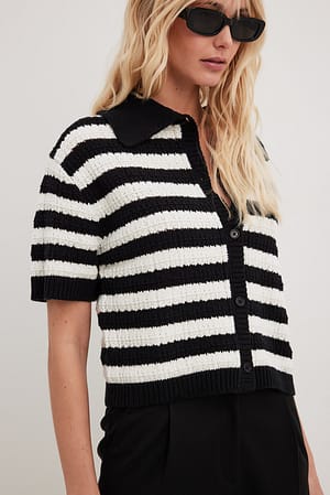 Black/White Short Knitted Striped Cardigan