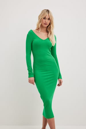 Green Geripptes-Kleid mit langen Ärmeln