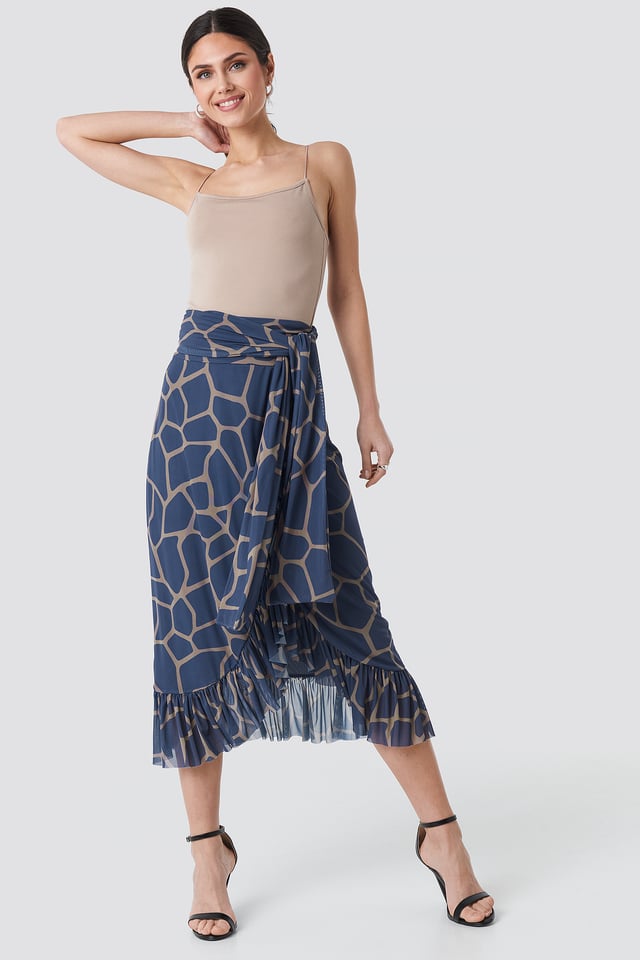 Mesh Tied Waist Ankle Skirt Geometric Blue Print