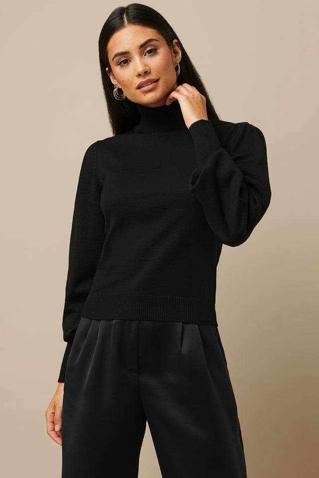 High Neck Puff Sleeve Sweater Black