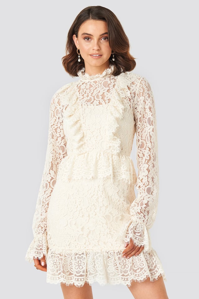 Frill Detailed Mini Lace Dress Off White