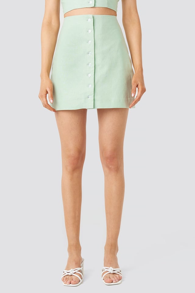 Front Button Linen Mix Skirt Dusty Light Green