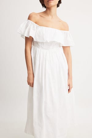 White Off Shoulder Anglaise Midi Dress