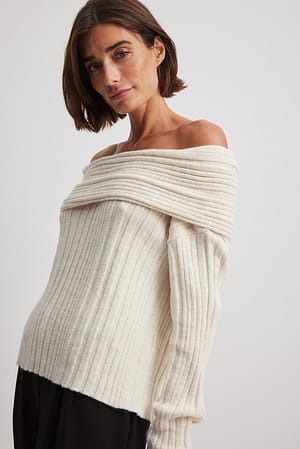 White Off Shoulder Detail Knitted Sweater