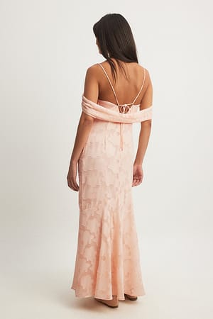 Peach Off Shoulder Jacquard Maxi Dress