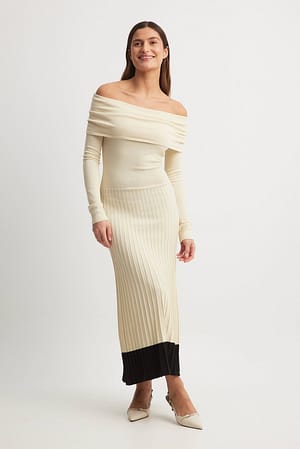 Cream Off Shoulder Knitted Maxi Dress