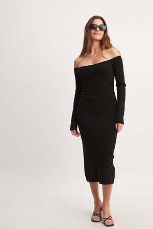 Black Offshoulder Knitted Midi Dress