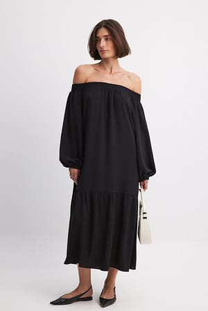 Black Off-shoulder midi-jurk met lange mouwen