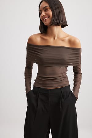 Brown Off-shoulder mesh top