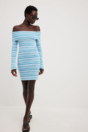Blue Stripe Gestreepte mini-jurk met off-shoulder