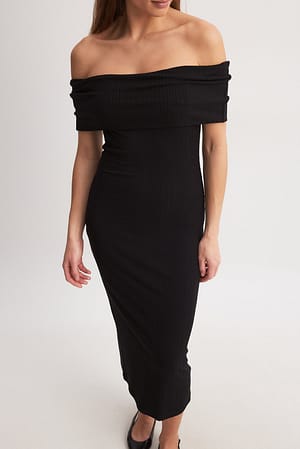 Black Off Shoulder Rib Midi Dress