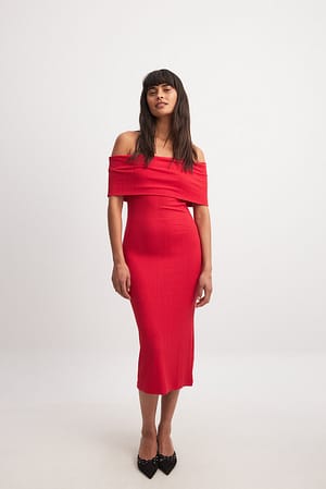 Red Off Shoulder Rib Midi Dress
