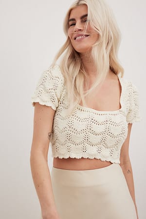 Offwhite Offshoulder Crochet Knitted Top