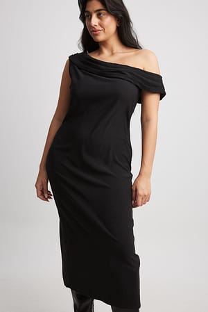 Black Gedrapeerde midi-jurk met one-shoulder