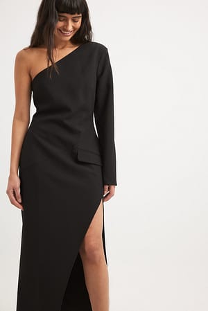 Black One Shoulder High Slit Midi Dress