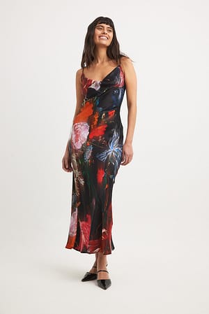 Flower Print Lejąca sukienka midi z rozcięciem