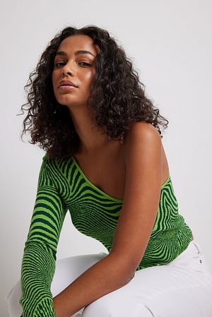 Green Mix One Shoulder Jacquard Knitted Top
