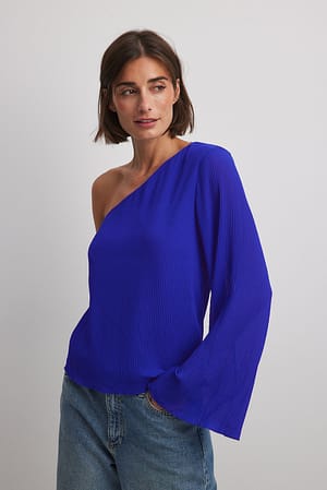 Blue Blusa plisada de manga larga de un solo hombro