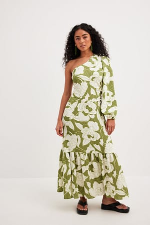 Green Print One Shoulder Maxi Dress