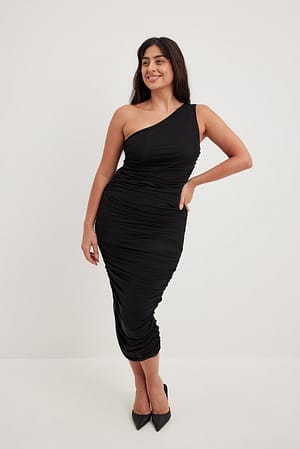 Black Sukienka midi z siateczką odsłaniająca jedno ramię