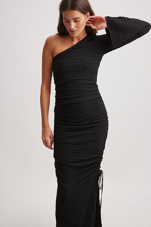 Black Teksturowana sukienka maxi na jedno ramię