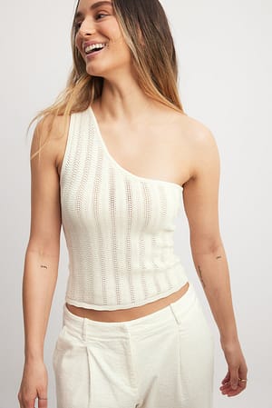White One Shoulder Wavy Stripe Knitted Top