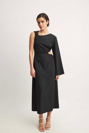 Black Midi-jurk met one-sleeve en cut-out
