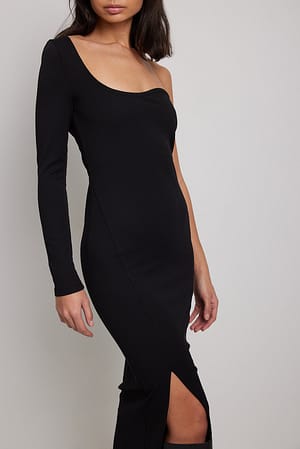 Black One Sleeve Wavy Neckline Dress