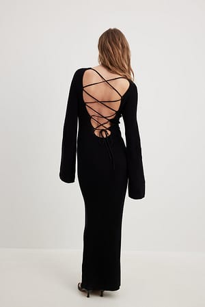 Black Open Back Lace Detail Knitted Maxi Dress