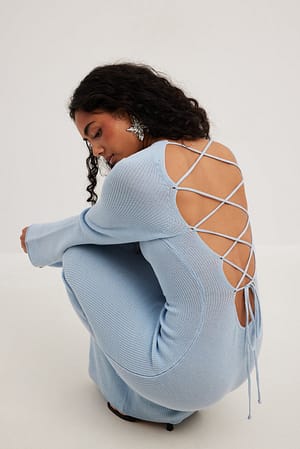 Blue Open Back Lace Detail Knitted Maxi Dress
