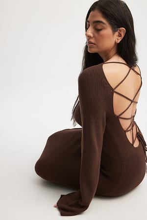 Brown Open Back Lace Detail Knitted Maxi Dress