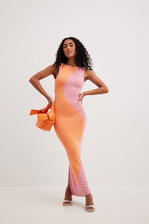 Pink/Orange Open Back Two Colored Knitted Maxi Dress