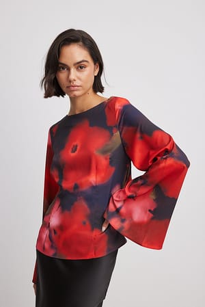 Flower Print Rückenfreie Bluse mit weiten Ärmeln