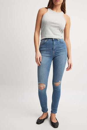 Mid Blue Skinny High Waist Destroyed Jeans