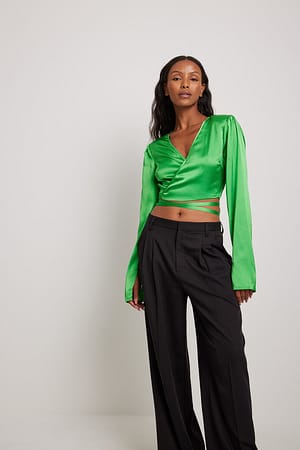 Strong Green Overlap Front Long Sleeve Satin Blouse