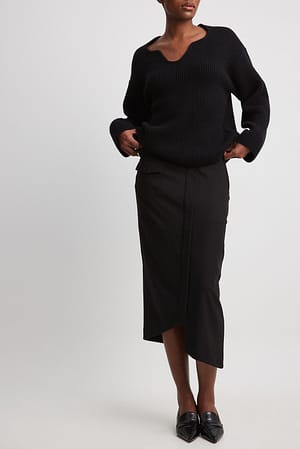 Black Overlap Front Slit Midi Skirt