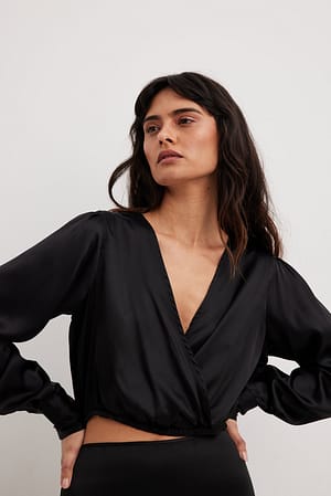 Black Recycled Overlap LS Satin Blouse