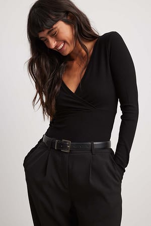 Black Overlap Ribbed Top