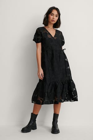 Black Overlap V-Neck Organza Dress