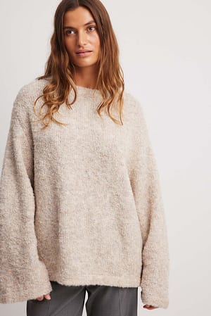 Grey Beige Strikket sweater i overstørrelse med bateauhals
