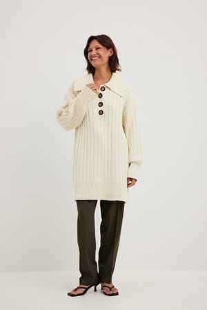 Cream Oversized Button Detail Knitted Sweater