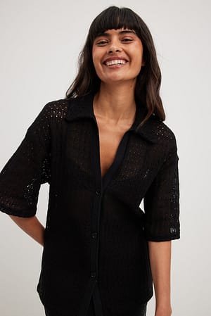 Black Oversized Crochet Collar Shirt