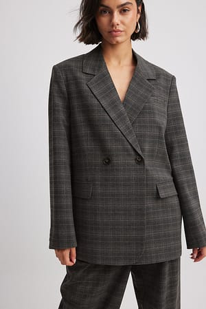 Grey Check Oversized Double Breasted Check Blazer