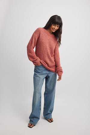 Oversized Knittted Round Neck Structure Sweater Outfit.