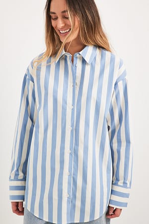 Blue White Stripes Oversized Long Sleeve Cotton Shirt
