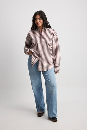 Beige/Burgundy Stripe Oversized Long Sleeve Cotton Shirt